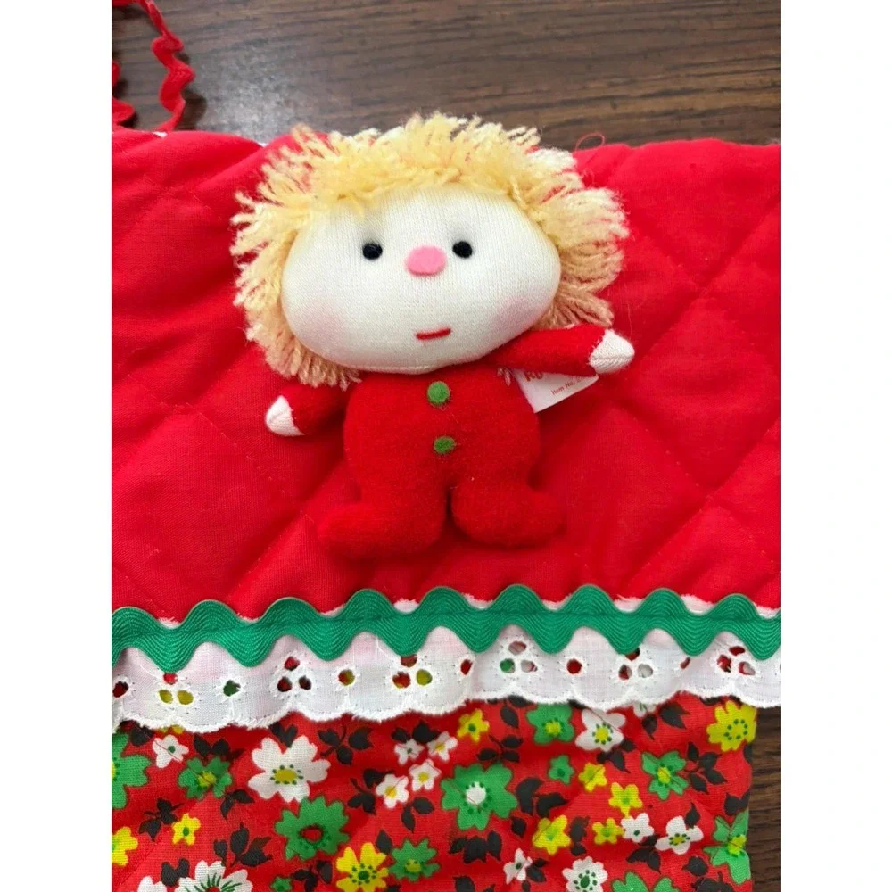 Vintage Quilted Floral Calico Christmas Stocking Russ Berrie Elf Doll